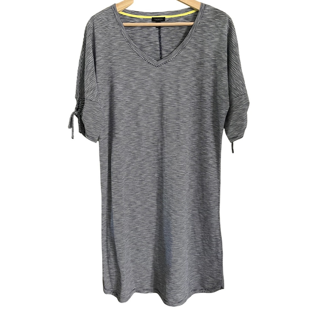Talbots Striped Knit Dress‎ V-Neck Tie Sleeve Casual Comfy Black White M